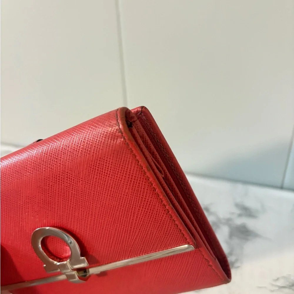 Salvatore Ferragamo Mancini Icona French Wallet Salmon Pink Silver Hardware